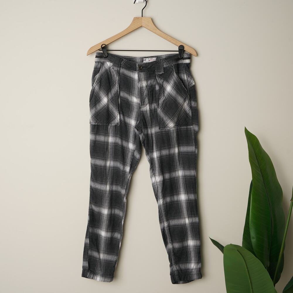 Free People 100% Cotton Plaid Utility Pants Straight Leg Button Fly Pockets EUC - Picture 2 of 8